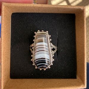 .925 sterling silver and black banded agate ring size 9